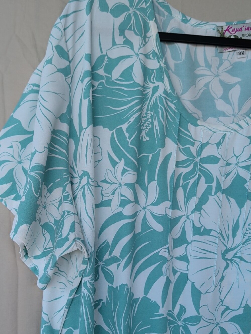 Casual Teal & White Floral Maxi Dress Muumuu Flounce Hem Vacation Resort Wear - Picture 2 of 10
